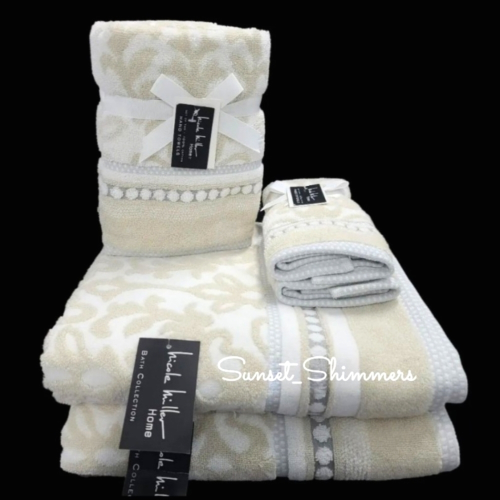 Nicole Miller 6pc Plush Damask Bath Hand Tip Towel Set Tan Gray White Cotton NEW